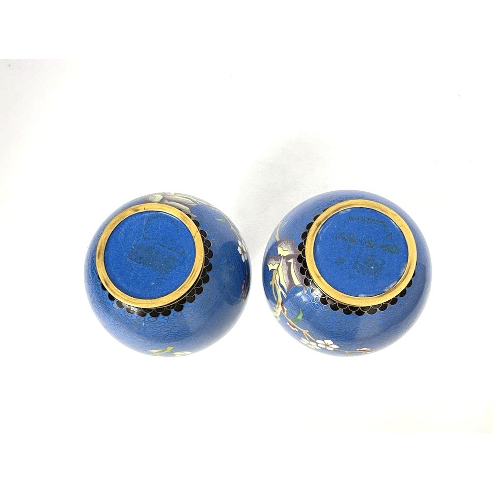 Vintage Cloisonné Enamel Vases Pair Blue Brass Floral Birds 8" H - Picture 5 of 5